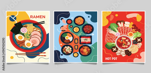 Vibrant Collection of Asian Culinary Delights Artistic Posters Showcasing Popular Noodle Soups, Traditional Korean Dishes, and Communal Hot Pot
