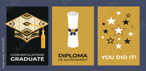 A vibrant collection of celebratory graduation cards, featuring academic caps, diplomas, and star motifs, symbolizing educational milestones and achievement