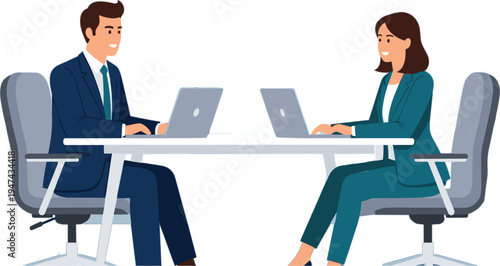 Professional business man and woman working on laptops at office desk flat vector illustration for corporate teamwork concept