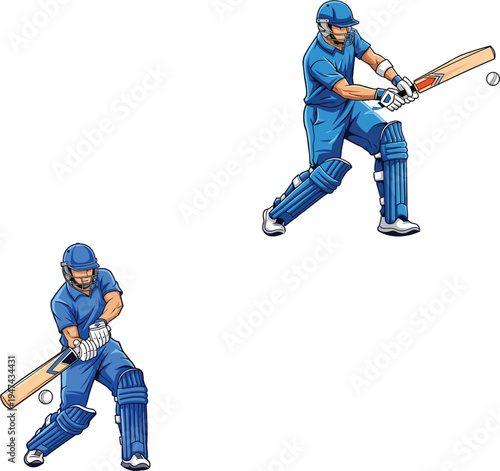 Professional cricket batsman character hitting ball with bat in blue uniform and protective gear flat vector illustration for sports