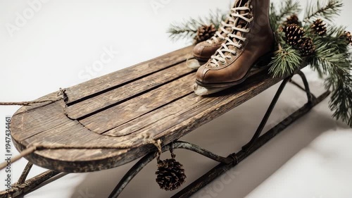 Vintage Sled with Ice Skate and Pine Boughs Festive Winter Decor.