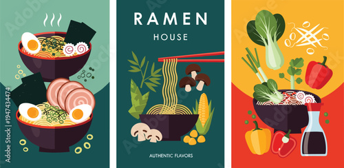 Vibrant stylized ramen house menu designs featuring delicious noodle bowls, fresh ingredients, and Asian culinary art, perfect for restaurant branding and food advertisements