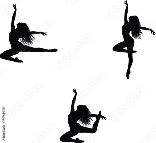 Set of black ballerina silhouettes performing graceful dance leaps and ballet poses isolated on a clean white background vector