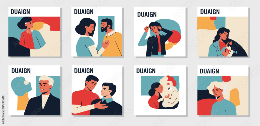 Fototapeta premium Diverse human relationships and connections illustrated in a modern, abstract, and colorful graphic art style