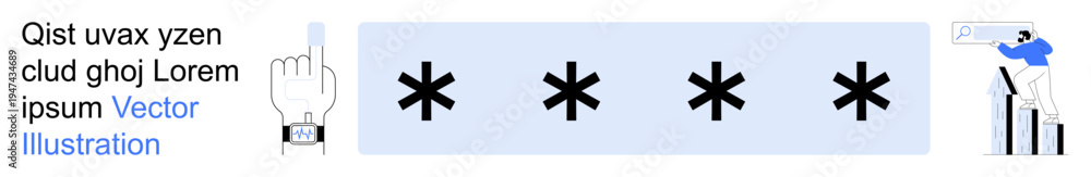 Obraz premium Data security, password protection, digital safety, identity verification, user authentication, app accessibility. Asterisks and user interface. Data security and password protection visuals