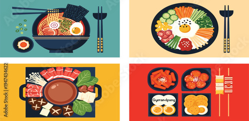 Delicious Asian cuisine variety flat illustration featuring Japanese ramen, Korean bibimbap, communal hot pot, and traditional street food, presented with vibrant colors