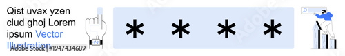 Data security, password protection, digital safety, identity verification, user authentication, app accessibility. Asterisks and user interface. Data security and password protection visuals