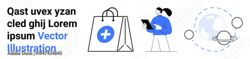 Healthcare, e-commerce, data analysis, global connectivity, medical services, and innovation. Shopping bag with cross icon, woman holding a tablet planetary and global motifs. Healthcare