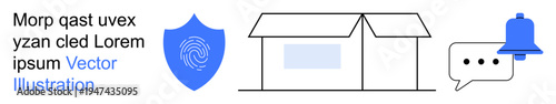 Online safety, home security, communication, data protection, smart technology, signal alerts. Blue shield, house and notification chat bubble. Online safety and home security