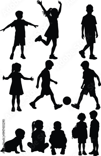 Black silhouette collection of active children playing soccer jumping and sitting isolated on white background for childhood education sports and family themed design projects