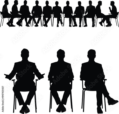 Black silhouette of professional business people sitting in a row during a corporate meeting, seminar audience or panel discussion group icon on white background. (25 words)