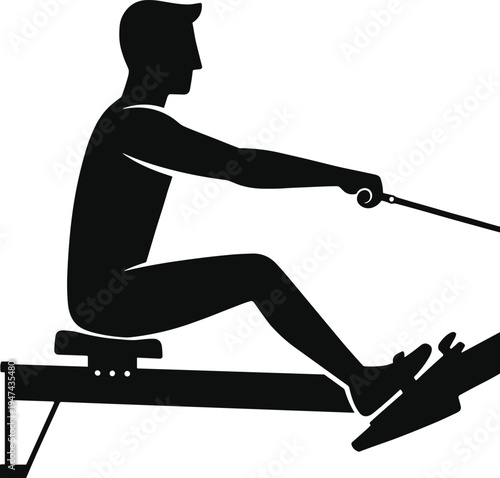 Black Silhouette of a Man Using a Rowing Machine for Cardio Fitness Training and Indoor Gym Exercise Workout Isolated on a Clean White Background