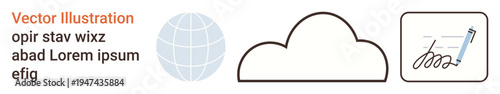Cloud technology, global network, digital authentication, online security, data management, modern connectivity. Icons include cloud, globe and a pen digitally signing a document. Cloud technology