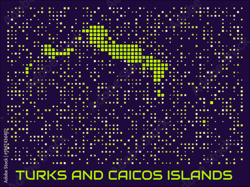 Turks and Caicos Islands dots map. Turks and Caicos. Digital style shape of the island. Map and title lime colored square dots with round corners. Modern Vector Illustration.