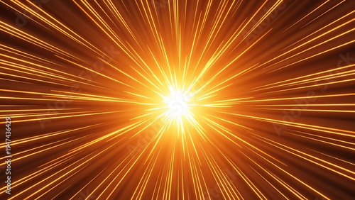 Shining sunburst in vibrant orange warm lighting with radiant lines on dark background for dramatic effect