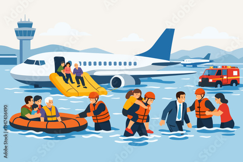 Rescuers assisting airplane passengers during an emergency evacuation on a flooded runway. Flat vector illustration featuring a life raft, inflatable slide, fire truck, and airport rescue team.