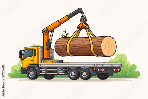 Flat vector illustration of a heavy-duty logging truck with a hydraulic crane arm lifting a large wooden tree trunk onto a flatbed trailer, industrial forestry and timber transport concept.
