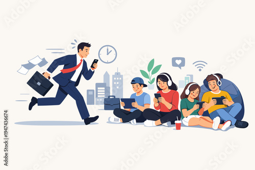 Vector Illustration of a Busy Businessman Running with a Briefcase and Smartphone, Contrasting with a Group of Relaxed Young People Sitting and Using Digital Gadgets in a Modern City Setting.