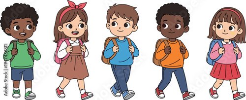 Diverse group of happy school children walking with backpacks, multi-ethnic kids going to school, flat vector cartoon illustration, white background