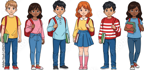 Diverse group of school children standing with backpacks and books, multi-ethnic students set, flat vector cartoon illustration on white background,
