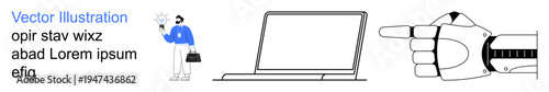 Artificial intelligence, workplace technology, innovation, digital transformation, robotics, modern professions. Robotic hand pointing, laptop screen and professional figure. Robotics and workplace