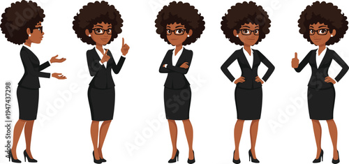Set of African American businesswoman character poses, professional black woman in corporate suit, office manager avatar vector illustration, female entrepreneur (20 words)
