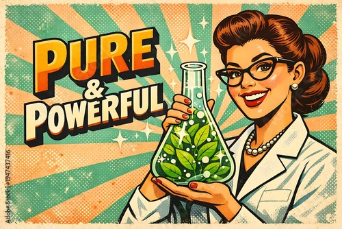 Vintage pop art illustration of a smiling female scientist in a lab coat holding a glass beaker filled with green leaves. Retro poster style with sunburst background and 