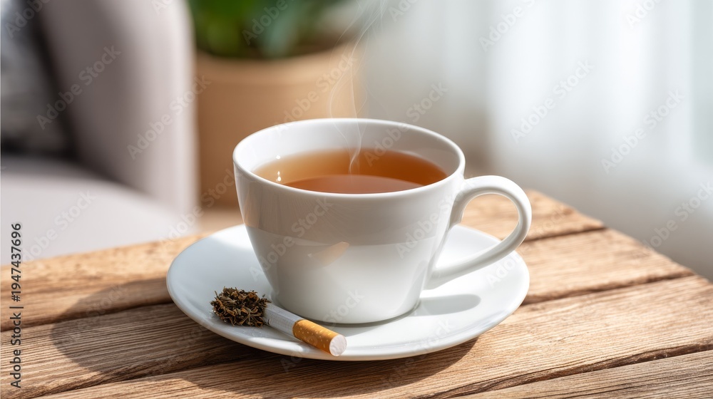 Obraz premium White ceramic mug filled with steaming tea and cigarette on saucer