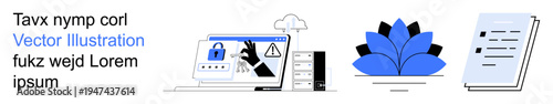 Cybersecurity, data safety, digital tools, technology, communication, online security. A computer, cloud and warning sign alongside digital documents and a flower icon. Cybersecurity and data safety