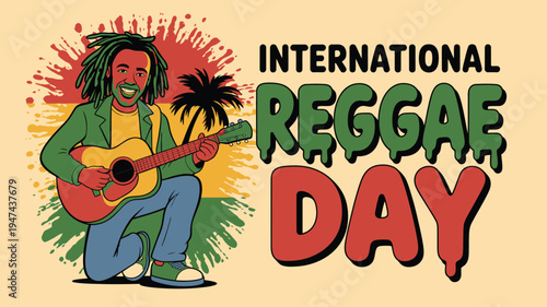Happy musician kneeling playing guitar celebrating International Reggae Day with vibrant splatters