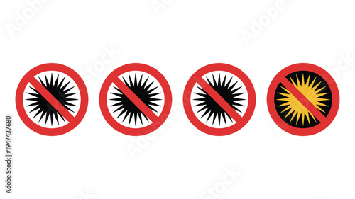 Four spiky prohibition symbols for light or radiation warnings