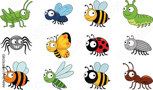Set of cute cartoon insects and bugs icons including bee butterfly ladybug spider and ant, flat vector illustration on white background