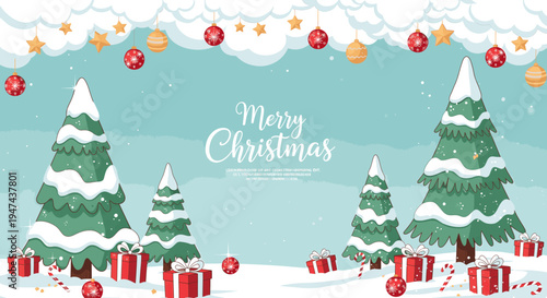 A festive holiday scene with snow covered trees and presents