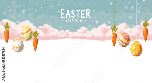 Easter eggs and carrots hanging from clouds