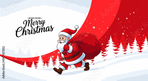 Santa claus running in the snow with a red bag