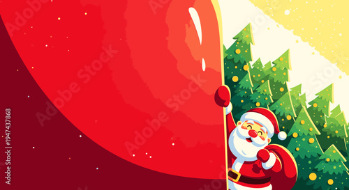 Santa claus peeking from behind a red door at christmas