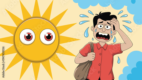 Man suffering extreme heat under a large hot sun with blue clouds