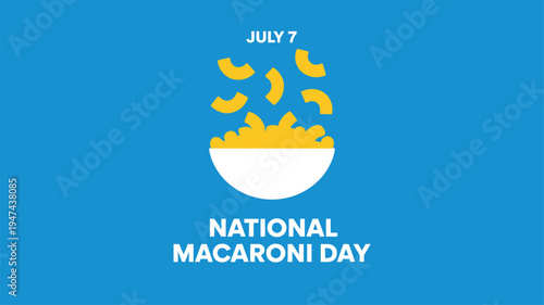 National Macaroni Day text with pasta shapes falling into a white bowl