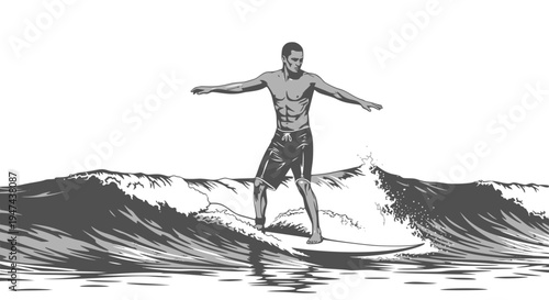 Athletic male surfer balancing on a large ocean wave illustration: Design for summer surf school flyers, extreme sports brand apparel, or tropical travel promotion posters. Transparent background SVG 