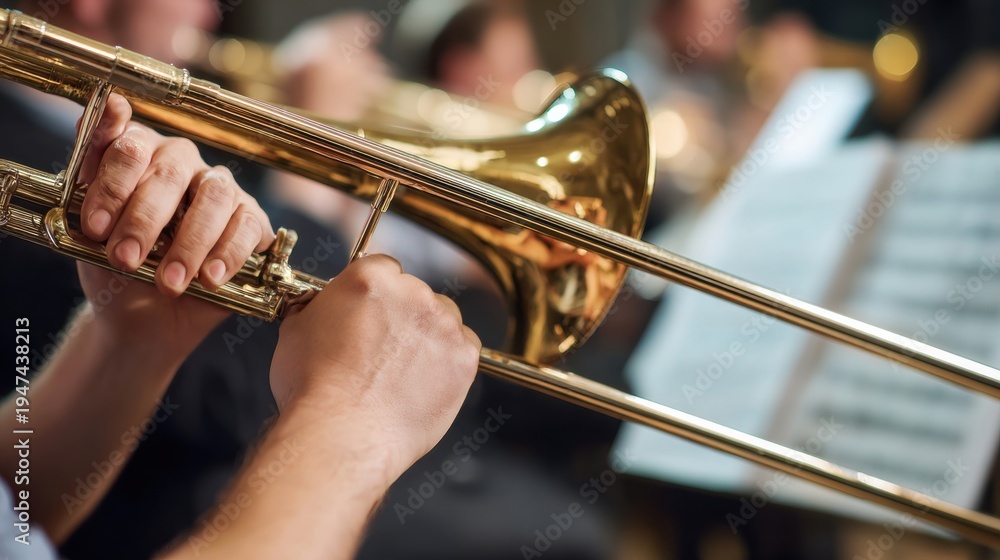 Fototapeta premium Close-up of trombone player performing in orchestra with sheet music on stand. Brass instrument and musician hands in focus with blurred orchestra background during rehearsal
