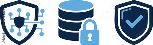 Set of 3 cybersecurity icons vector, security shield, database lock