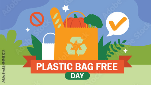 Plastic Bag Free Day graphic with eco friendly shopping bags