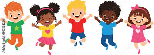 Set of cute diverse cartoon children jumping and cheering, happy multiethnic group of kids characters vector illustration on white background (20 words)