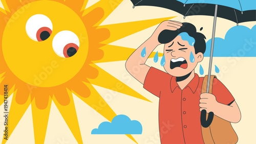 Stressed man sweating under scorching sun while holding an umbrella during heatwave