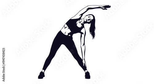 Vector graphic illustration of a woman performing a wide stance side bend stretching exercise for fitness
