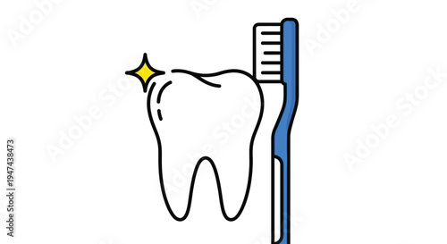 Shiny white tooth vector illustration with a blue toothbrush for dental hygiene and health graphic design