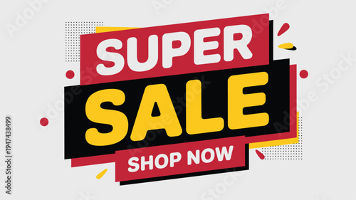 Super Sale Shop Now marketing banner with bold text and geometric shapes