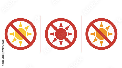 Three vertical panels displaying different sun prohibition signs warning of exposure