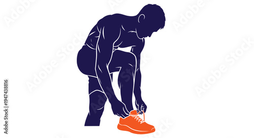 Vector graphic illustration of an athletic man bending down to tie his brightly colored running shoe laces.