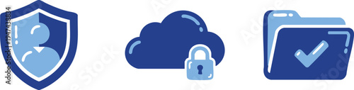 Set of 3 security icons vector, blue shield, cloud, lock, check mark